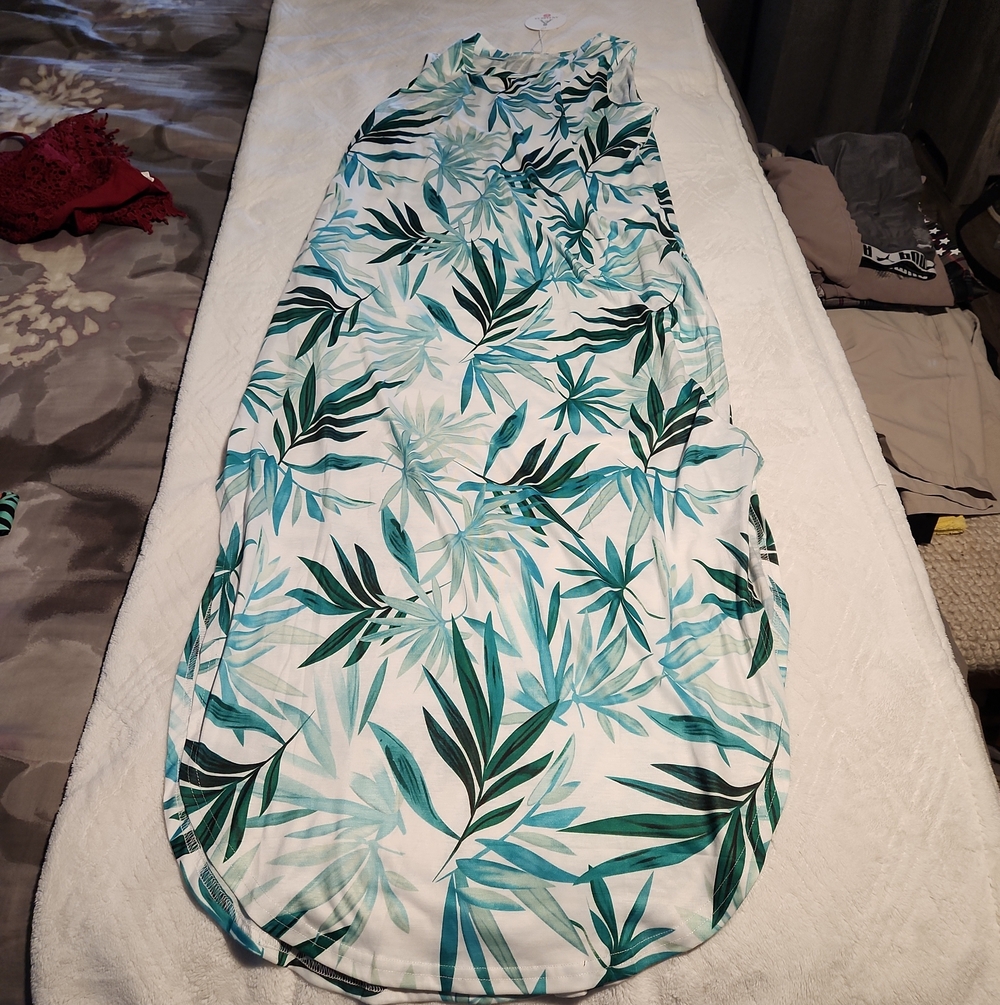 Tropical Leaf Print Sleeveless Maxi Dress - Teal & White